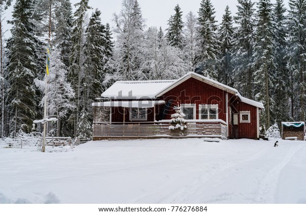 Little Red Cabin Forest Covered Snow Stock Photo Edit Now 776276884