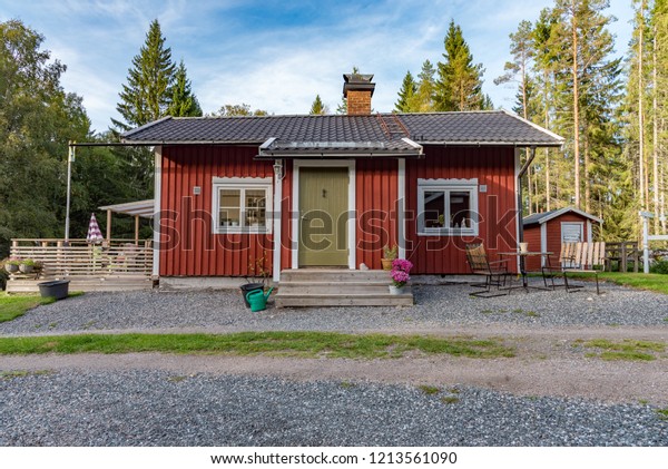 Little Red Cabin Green Door Swedish Stock Image Download Now