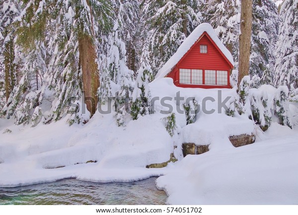 Little Red Cabin Stands Out This Stock Photo Edit Now 574051702