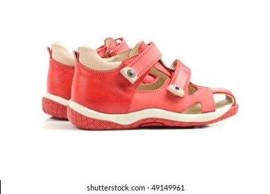 Little Red Kids Shoes. Isolated On White Background.