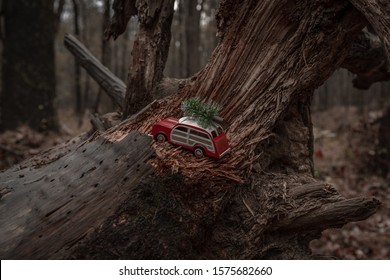 Little Red Woody Station Wagon With Christmas Tree In The Woods