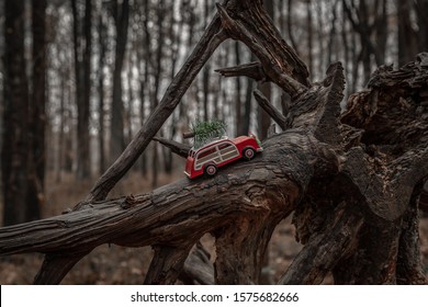 Little Red Woody Station Wagon With Christmas Tree In The Woods