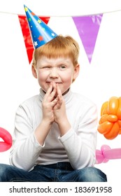 Little Redhead Boy In Birthday Paper Hat