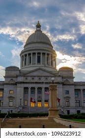 Little Rock, AR—May 20, 2018; Sunset Behind Dome Of Arkansas State Capital Building With Cloudy Sky.