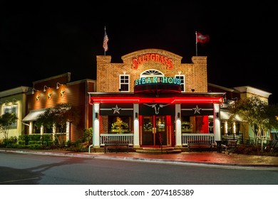 Little Rock, Arkansas, USA - October 28th, 2021: Saltgrass Steak House Building Illuminated At Night