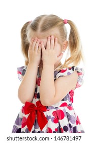 Little scared or crying or playing bo-peep girl hiding face