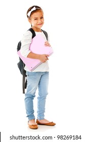 Little School Girl With A Notebook - Isolated Over A White Background