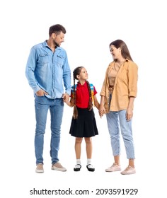 Little Schoolgirl With Her Parents On White Background