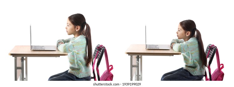 Little schoolgirl with proper and bad posture sitting at desk against white background