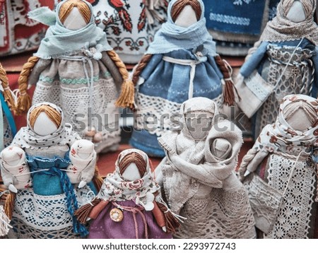 Little slavic folk rag dolls - mascots associated with heathen traditions. Handmade souvenirs or gifts on market.