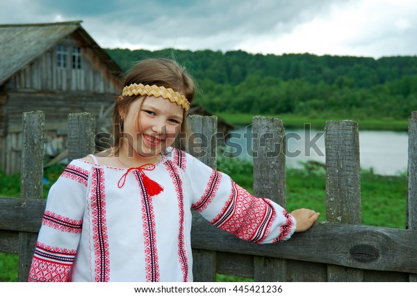 Little Slavic Girl National Dress Russian Stock Photo 445421236 ...