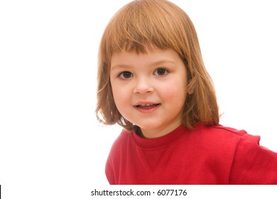 little, smiling girl wearing red shirt, isolated on white