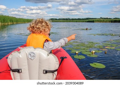 A Little Sporty Girl In A Life Jacket Floats On The Zdwyzh River On A Red Kayak With A Black Dog Cocker Spaniel. Ukraine