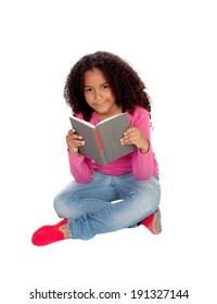 Little student girl reading isolated on a white background