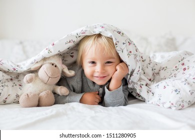 Kleiner Toddle Junge, spielend mit Teddyspielzeug, versteckt unter dem Deckel im Bett, sonniges Schlafzimmer