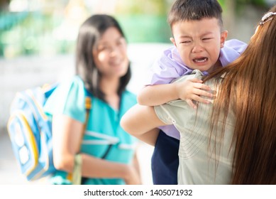 Little Toddler Boy Cry, First Day At School Kindergarten With Mother