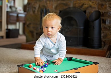 Little Toddler Boy, Playing Billiard At Home, Toy Small Billiard, Pool Table