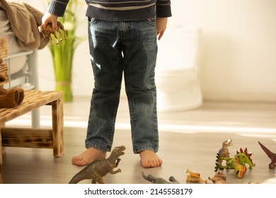 Little Toddler Child, Boy,  Pee In His Pants While Playing With Toys, Child Distracted And Forget To Go To The Toilet At Home