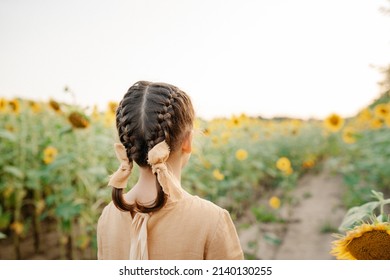 Little Ukrainian Girl Wearing Linen Mustard Dress Having Hair In Two Plaits Standing In Sunflower Field And Looking Ahead. People From Behind