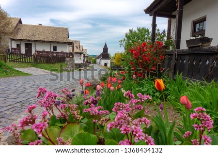 Little village Hollókő Holloko spring time in Hungary famous for easter celebration and its old traditional hungarian houses Unesco world heritage nyitva on the table means offen