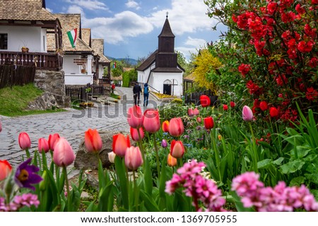 Little village Hollókő Holloko spring time in Hungary famous for easter celebration and its old traditional hungarian houses Unesco world heritage nyitva on the table means offen