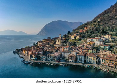 Little Village on lake of Iseo, Monte Isola, special view from Drone, Italina location for your holidays.