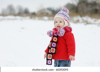 Little Winter Baby Girl In Red Coat