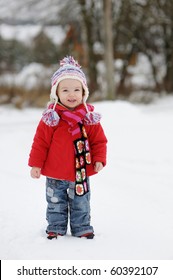 Little Winter Baby Girl In Red Coat