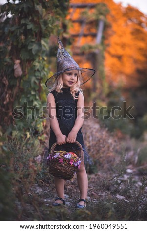 Little witch girl in a magical forest with a wicker and a cat