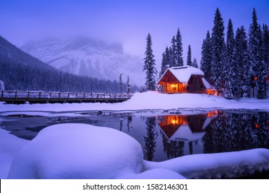 Little Wooden House with Emerald Lake Scenic View in Winter, Yoho National Park, British Columbia, Canada - Shutterstock ID 1582146301