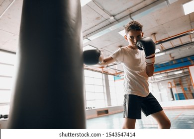 little young hardworking boxer learning to blow the punching bag at sport center, close up photo, effective training process, kid taking up a new hobby