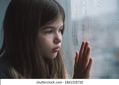 Little Young Sad Girl Window Keeps Stock Photo (Edit Now) 1861318720