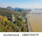 Liuhe pagoda tower, the historic landmark in Hangzhou, China, aerial view.