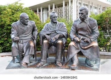 Livadia/Crimea - July 2019: Street - Art Object: Monument To Members Of Yalta Conferense 1945 -   Winston Churchill, Theodore Roosevelt And  Josef Stalin 