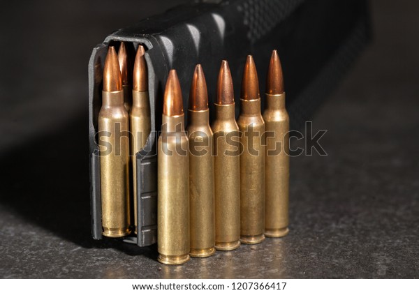 Live 223\
ammunition lined up next to\
magazine.
