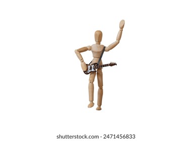 Live guitar music concept. Wooden mannequin playing an electric guitar with one arm raised, isolated on a white background. Rock music concert performance - Powered by Shutterstock