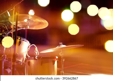 Live Music Background.Drum On Stage And Concert Lights