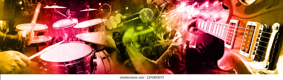 Live Music And Concert Background. Guitarist And Drummer And Singer.Night Entertainment And Festival Events.Musical Performance On Stage. Recreation And Music Show.