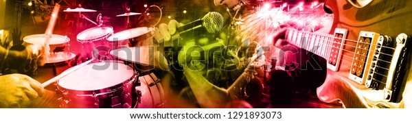 Live music and\
concert background. Guitarist and drummer and singer.Night\
entertainment and festival events.Musical performance on stage.\
Recreation and music show.