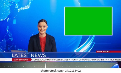 Live News Studio with Beautiful Female Anchor Reporting on a Story, Using Green Chroma Key Screen Placeholder Copy Space. Television Newsroom Channel with Professional Presenter