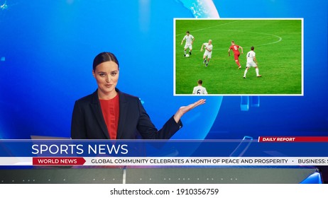 Live News Studio With Female Anchor Reporting Sports News On Soccer Game Score, Story Show Highlight Of Two Teams Playing Football Before Scoring Beautiful Goal. Mock-up TV Channel Newsroom