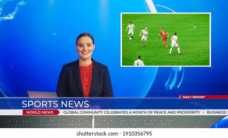 Live News Studio With Female Anchor Reporting Sports News On Soccer Game Score, Story Show Highlight Of Two Teams Playing Football Before Scoring Beautiful Goal. Mock-up TV Channel Newsroom