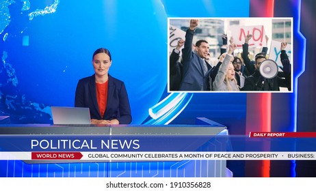 Live News Studio With Female Anchor Reporting On The Protesters March, Human Rights, Climate Change And Any Other Imporant Issues. Presenter, Anchor Talking. Mock-up Television Channel Newsroom Set