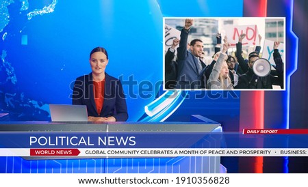 Live News Studio with Female Anchor Reporting on the Protesters March, Human Rights, Climate Change and any other Imporant Issues. Presenter, Anchor Talking. Mock-up Television Channel Newsroom Set