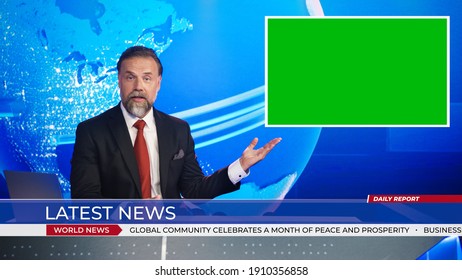 Live News Studio with Handsome Male Anchor Reporting on a Story, Uses Green Chroma Key Screen Placeholder Copy Space.Television Newsroom Channel with Professional Presenter - Shutterstock ID 1910356858