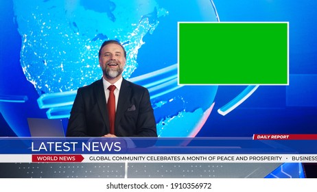 Live News Studio with Handsome Male Anchor Reporting on a Story, Uses Green Chroma Key Screen Placeholder Copy Space.Television Newsroom Channel with Professional Presenter - Shutterstock ID 1910356972