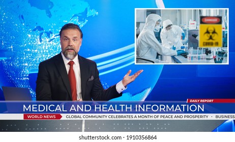 Live News Studio with Male Anchor Reporting on Covid-19 Virus Pandemic, Story About in Medical Research Laboratory Developing Vaccine Medicine, doing Tests. Mock-up TV Channel Newsroom - Shutterstock ID 1910356864