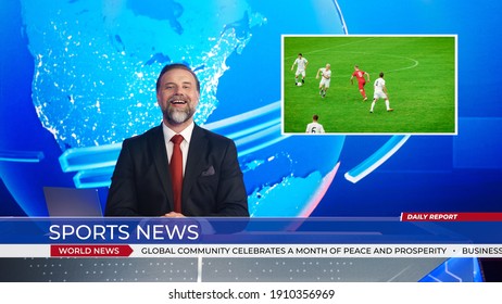 Live News Studio With Male Anchor Reporting Sports News On Soccer Game Score, Story Show Highlight Of Two Teams Playing Football Before Scoring Beautiful Goal. Mock-up TV Channel Newsroom