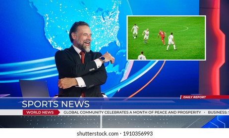 Live News Studio With Male Anchor Reporting Sports News On Soccer Game Score, Story Show Highlights Of Two Teams Playing Football, Seconds Before Beautiful Goal. Mock-up TV Channel Newsroom