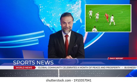 Live News Studio With Male Anchor Reporting Sports News On Soccer Game Score, Story Show Highlight Of Two Teams Playing Football Before Scoring Beautiful Goal. Mock-up TV Channel Newsroom